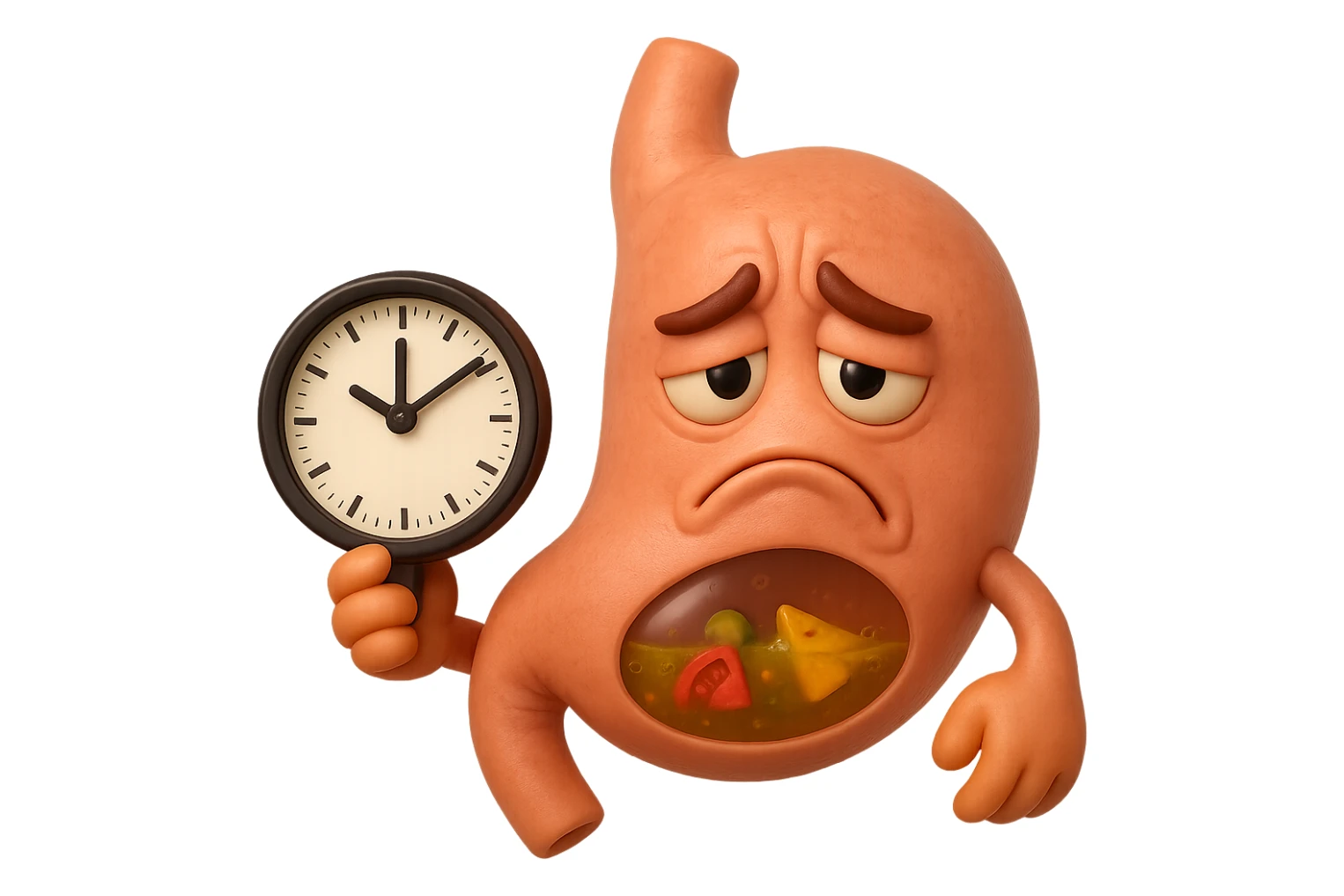 EMOJI STILE IPHONE 3D DI UNo stomaco umano con espressione dolornate, ha del cibo visibile dentro che non sta digerendo. in mano tiene un orologio da muro, iperrealistico 4k sticker