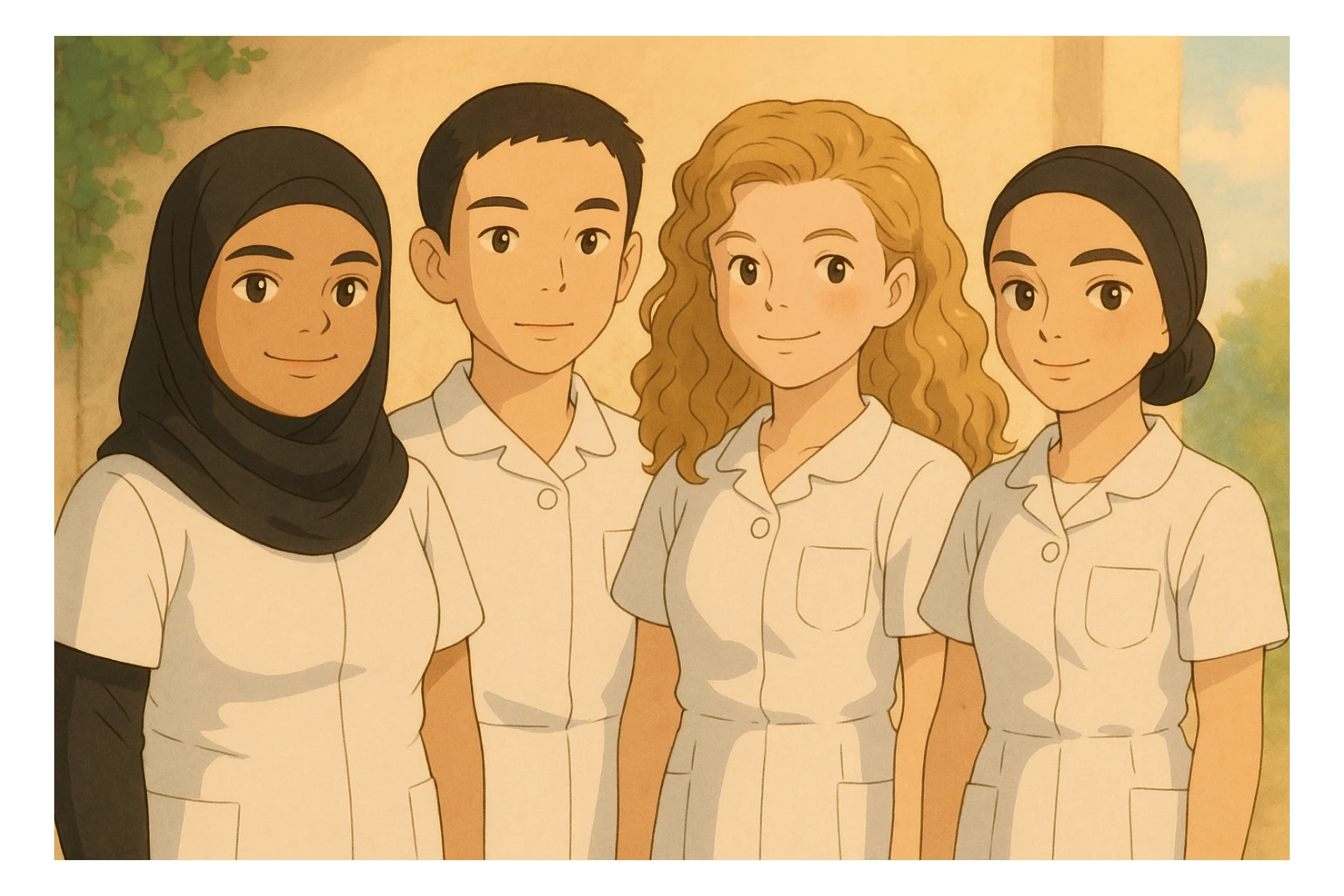 Illustration style Ghibli of four nursing students standing side by side, warm atmosphere, wearing short-sleeved white uniforms without undershirts or stethoscopes, resembling the four people in the provided photos. sticker