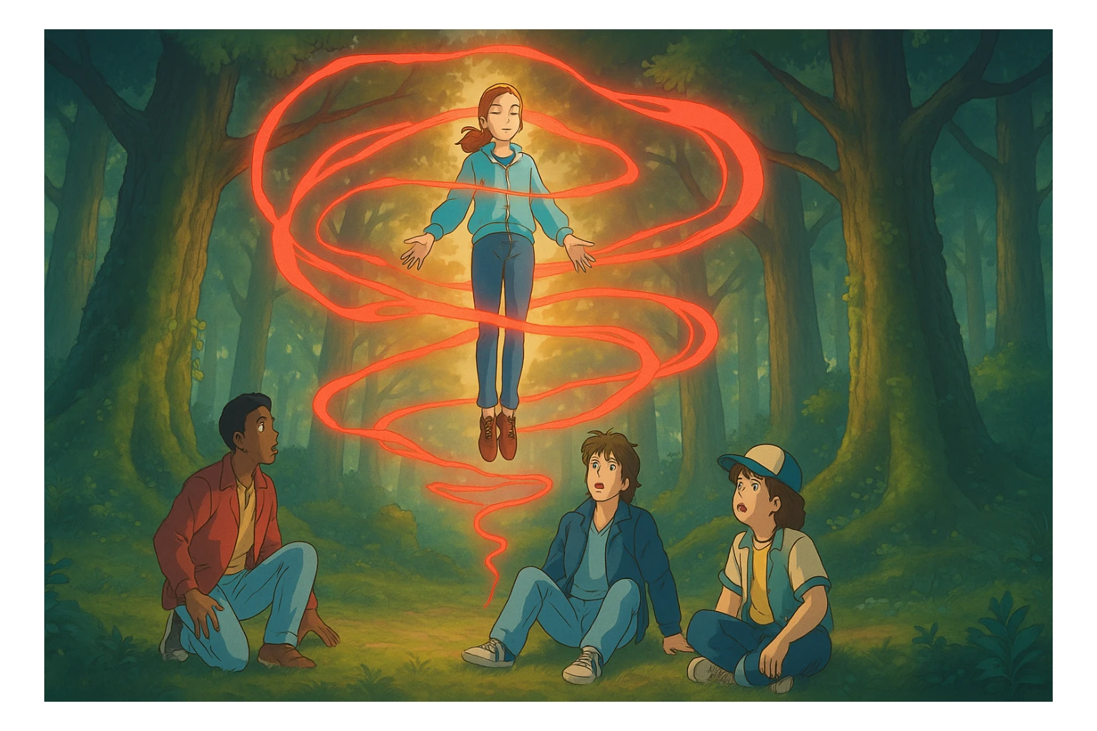 Max from Stranger Things levitating with supernatural red energy swirling around her, Lucas, Steve, and Dustin in awe. Ghibli style, wide aspect ratio (16:9), intense and mystical atmosphere. Make Lucas, Steve, and Dustin visually recognizable with their signature hairstyles and outfits. sticker