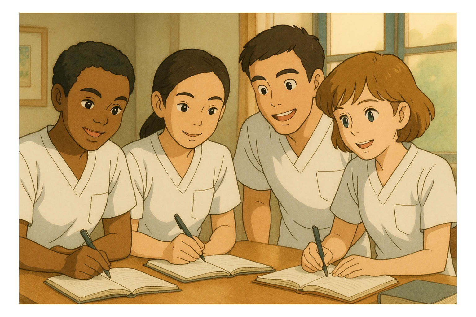 Four nursing students working together, Ghibli style, wearing short-sleeved white medical tunics with V-neck collars, left chest pockets, no stand-up collars, no stethoscopes, clean sleeves with no fabric extending beyond the sleeves. Faces and styles inspired by four provided photos. sticker