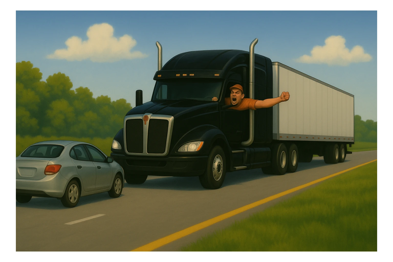 Zoom the scene out a lot farther, making the vehicles much smaller and showing a wide view of the road and landscape. Keep the black Kenworth W680 semi with chrome stack, angry bald driver in orange shirt and baseball cap, arm out the window, following a car. Scene should remain bright and vibrant. sticker