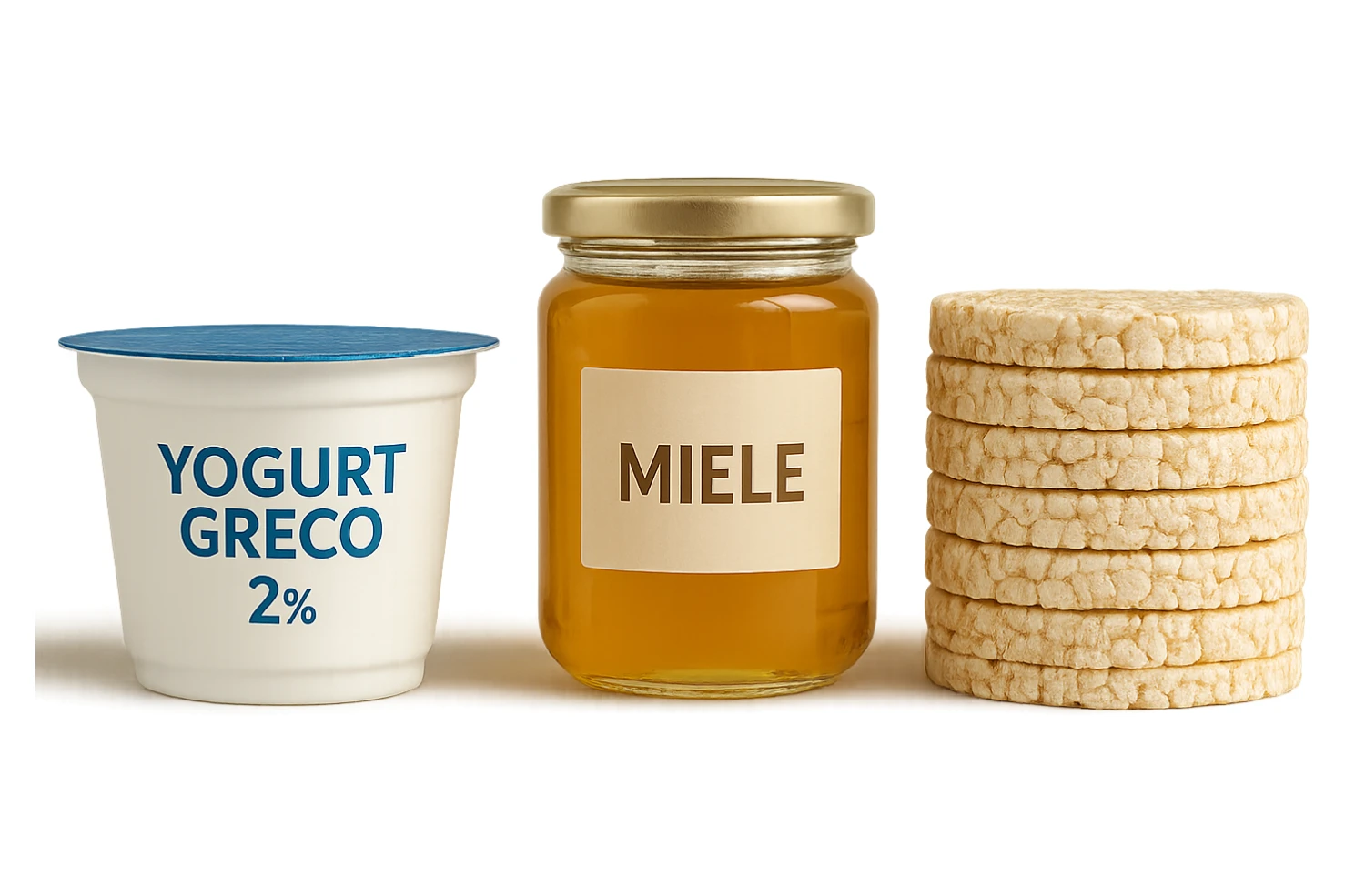 Yogurt Greco 2%
Miele (senza il cucchiaio di legno)
Gallette di Riso
vista frontale, iperrealistico 4k sticker