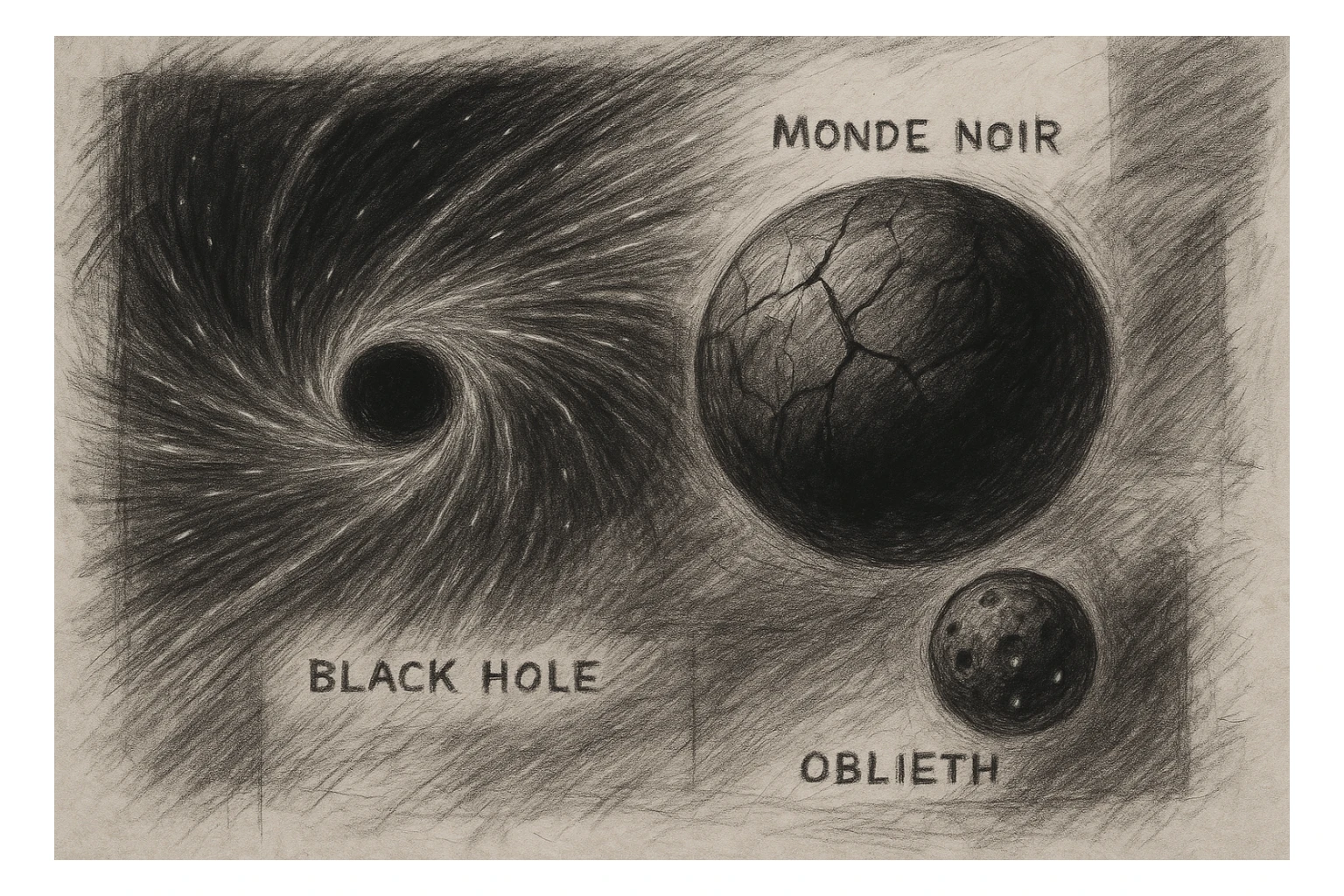 hand drawn map of dark back ward -“A dark cosmic region orbiting a massive black hole. No sunlight. A dead solar system with twisted planets and moons circling in silence. Monde Noir looms in the foreground — a cracked, obsidian planet with no atmosphere. Its moon, Oblieth, floats nearby, scarred and pitted, with faint green lights glowing from within cave openings. Stars are distorted and streaked by gravitational lensing. The entire scene is heavy, quiet, and surreal.” sticker