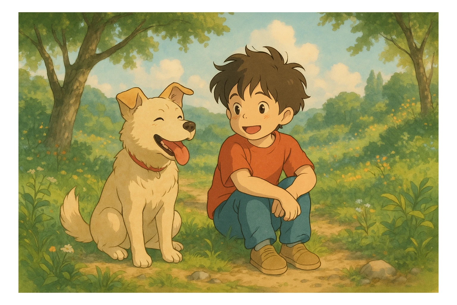 kid and his pet dog in studio ghibili style sticker
