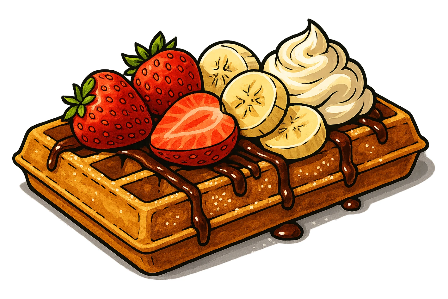 В слегка рисованном, но при этом ярком и объемном стиле с четкими линиями составь композицию, где горизонтально лежит классическая брюссельская вафля с клубникой и бананом, сливочными кремом, политая шоколадом и посыпанная сахарной пудрой, профессиональный свет, подчеркивающий объем, сделай картинку более широкой, прозрачный фон sticker