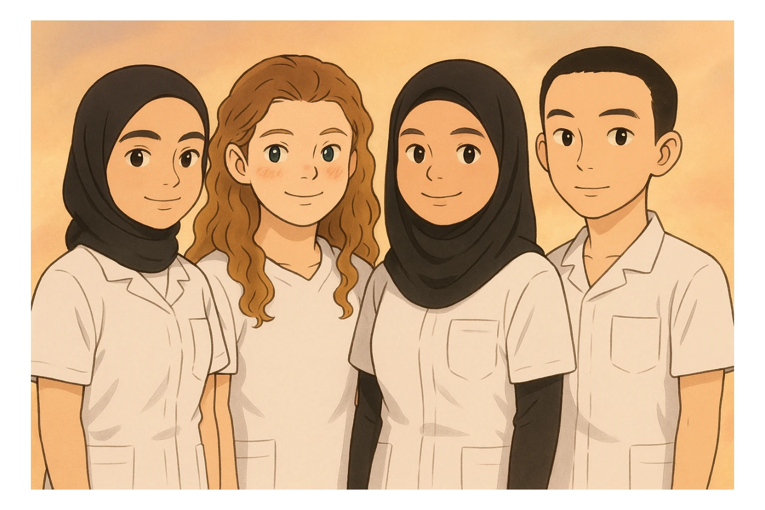 Illustrate four nursing students standing side by side in a warm atmosphere, wearing short-sleeved white uniforms without undershirts or stethoscopes, inspired by the four provided faces, in Ghibli style. sticker