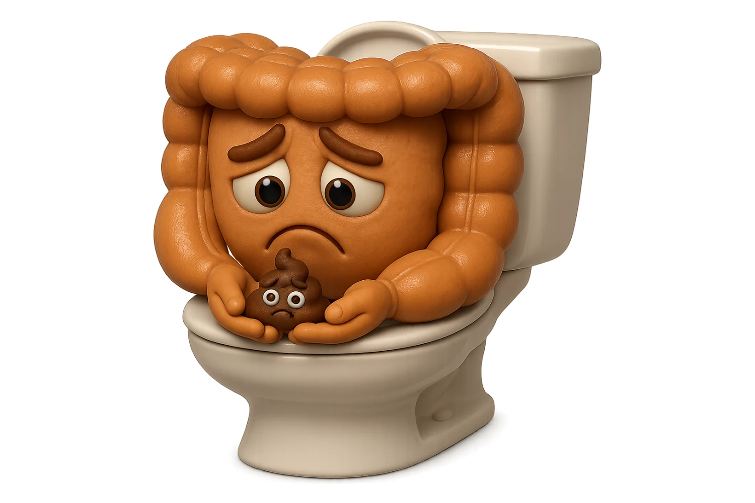 emoji stile iphone di un intestino realistico 3d che esce dal wc con in mano una montagnetta di feci con espressione triste a palline, iperrealistico 4k sticker