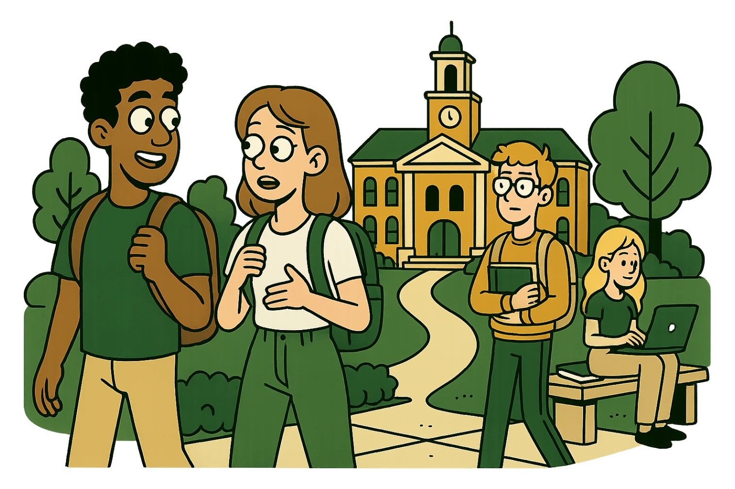 college campus scene, modern look, green gold and white color scheme, rounded shapes, simple design sticker