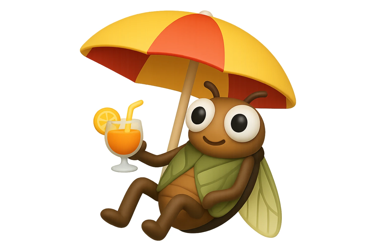 EMOJI STILE IPHONE 3D DI UNA CICALA CHE STA RILASSATA SEDUTA SOTTO L'OMBRELLONE IN SPIAGGIA CON UN COCKTAIL IN MANO, FAGLI GLI OCCHI CON LA PARTE BIANCA, NON SOLO LA PUPILLA sticker