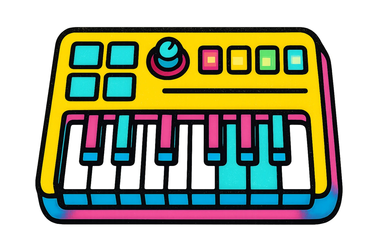 A MIDI keyboard in Pop Colors style, with a modern twist, sleek design, glowing buttons, and a mix of pastel and neon colors. sticker