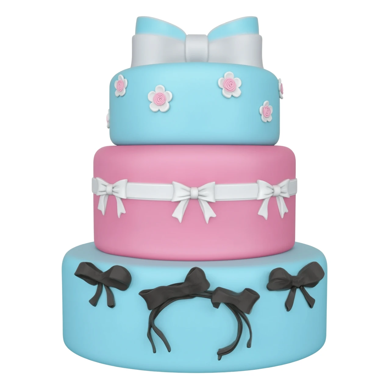 Pastel blue pink shaped birthday cake with black and white bows and flowers sticker