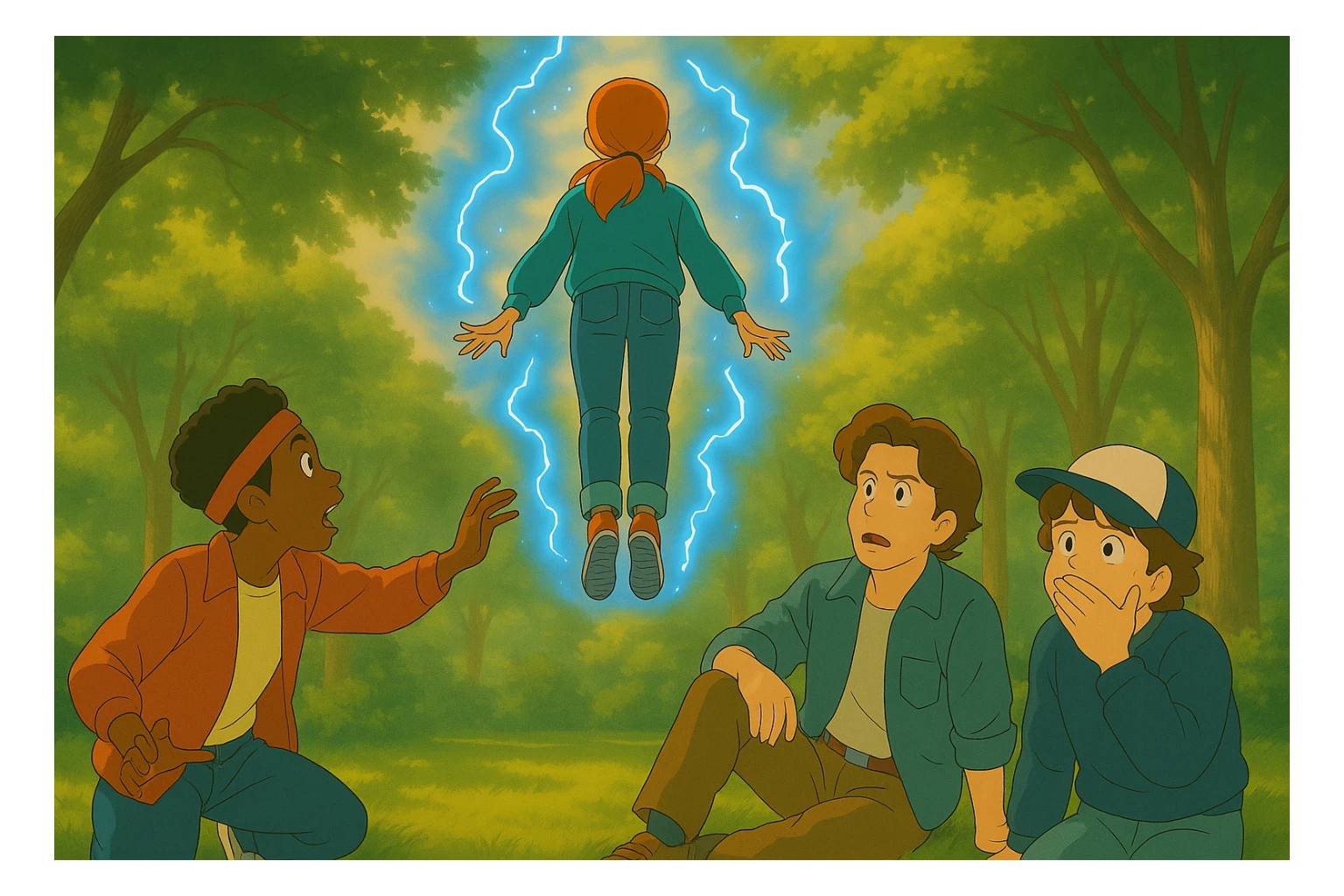 Max from Stranger Things levitating, back view, in front of Lucas, Steve, and Dustin. Lucas is halfway up, desperately reaching for Max, Steve is frozen in concern, and Dustin is covering his mouth in fear. Render in Ghibli style with wide aspect ratio (16:9), supernatural glowing effects, cinematic lighting. sticker