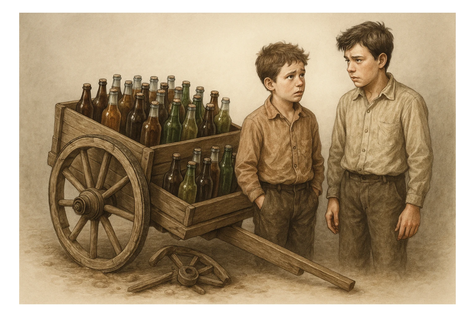 Bir g'ildiragi singan ichimliklar ortilgan arava uning yonida aka uka bir biriga havotirli nigoh bilan qarab turibdi realistik uslubda sticker