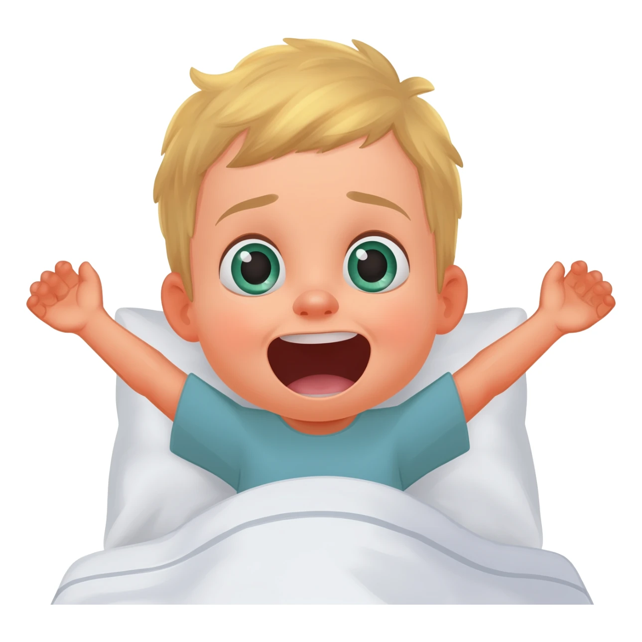 3 year old blonde boy with green-blueish eyes waking up from bed, raising both arms up and yawning. No tears. No scared face, he looks sad! Make the boy smiling with no teeth showing sticker
