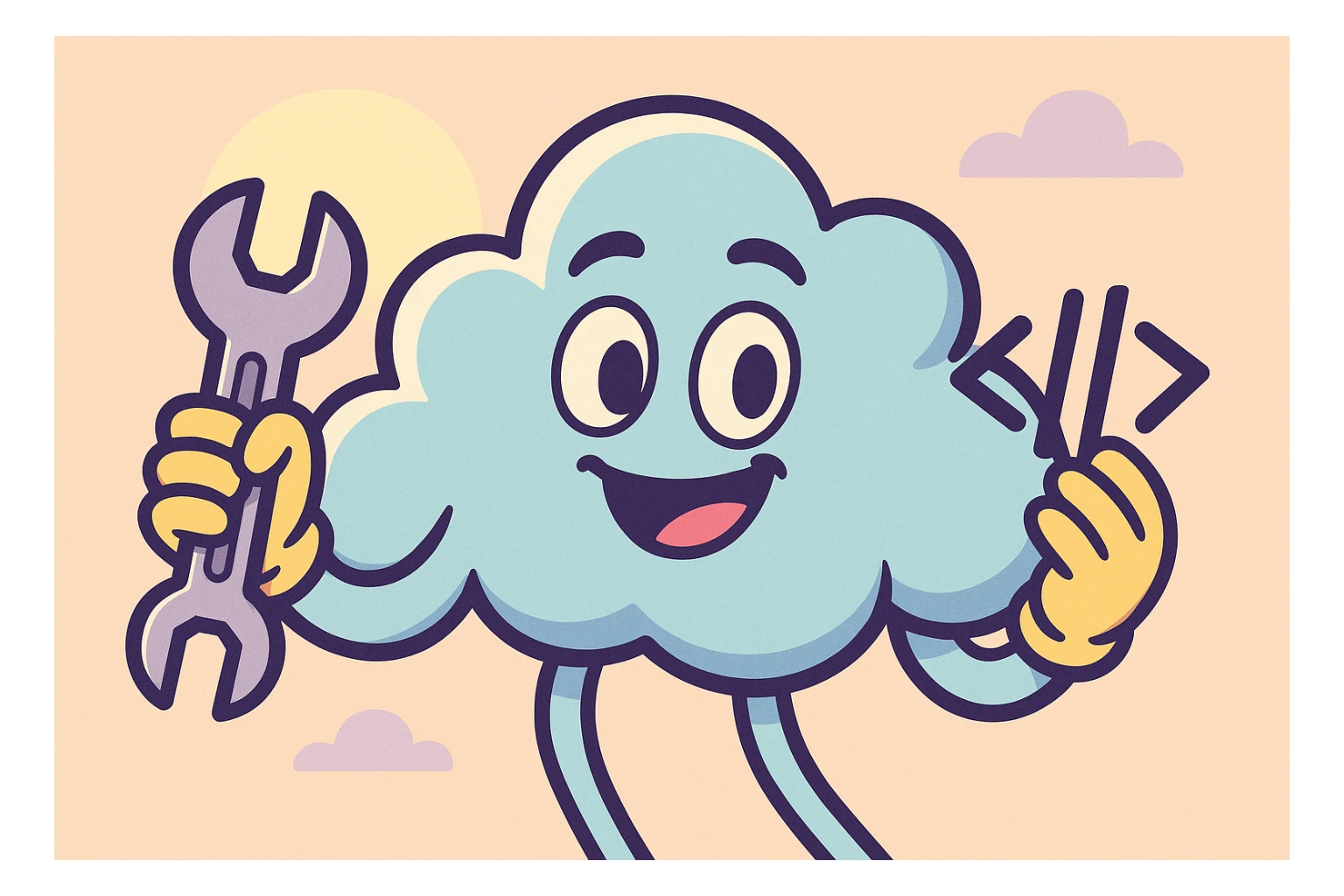 cartoon style illustration of a cloud with wrench and code brackets, playful colors, representing DevOps Cloud Engineer sticker