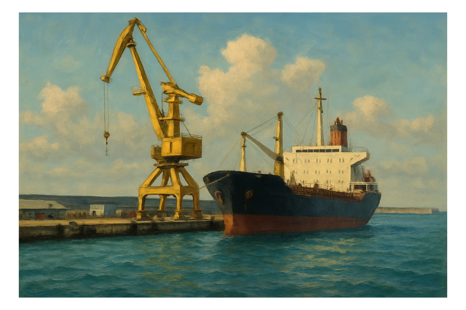 фотография современного торгового порта на берегу моря. На переднем плане — большой грузовой корабль у причала, рядом высокий портовый кран жёлтого цвета. Вода бирюзовая, слегка волнистая, на фоне виден бетонный волнорез и небо с мягкими облаками. Композиция сбалансирована: корабль справа, кран слева. Освещение дневное, естественное, с мягкими тенями. Атмосфера индустриальная, но спокойная, без людей. В СТИЛЕ РЕАЛИСТИЧНОЙ ЖИВОПИСИ на однородном фоне sticker