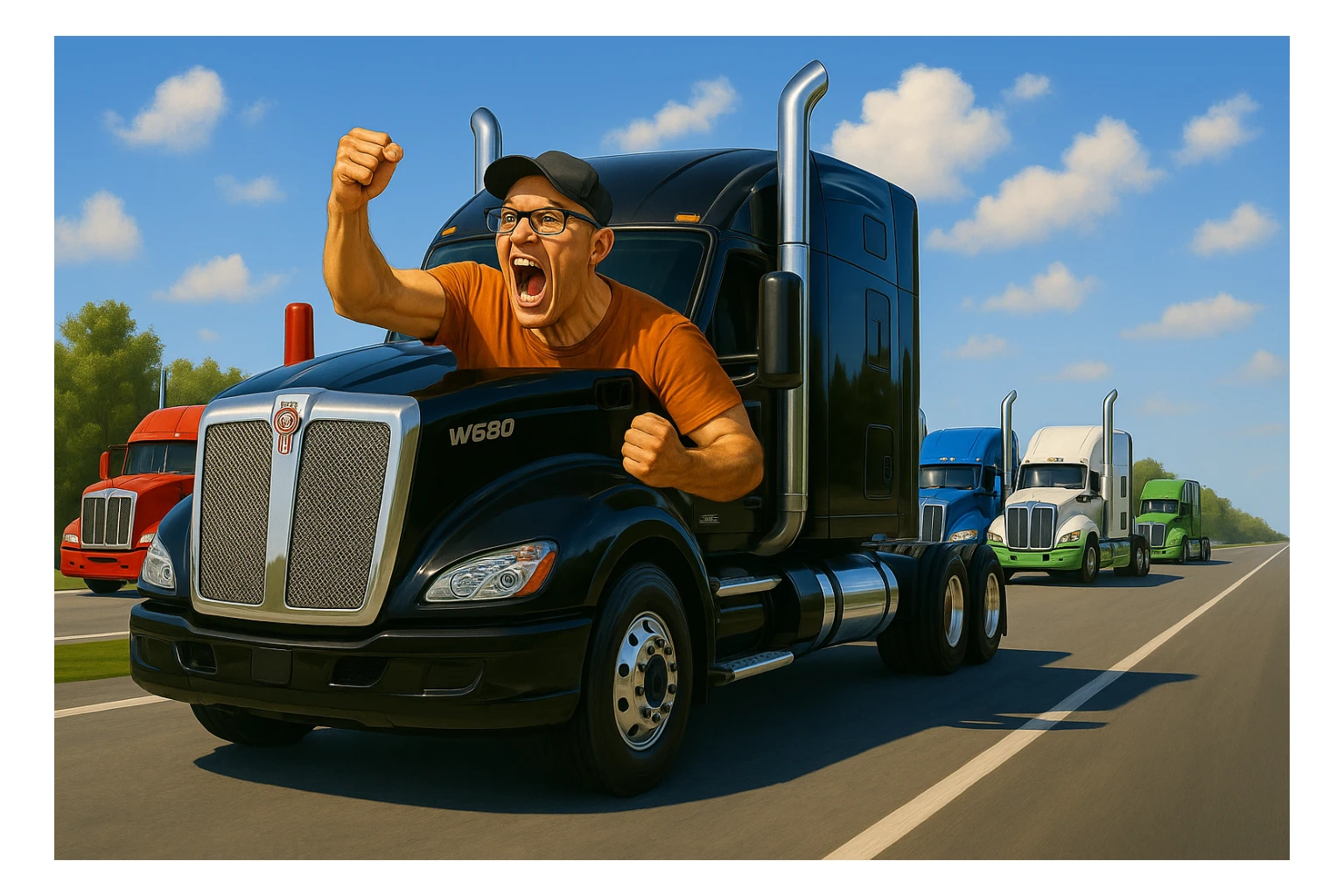 Enhance the image to be crisper and brighter, with vivid colors and sharp details. Make the highway scene with multiple semi trucks look more vibrant and clear, maintaining a realistic and detailed style. sticker