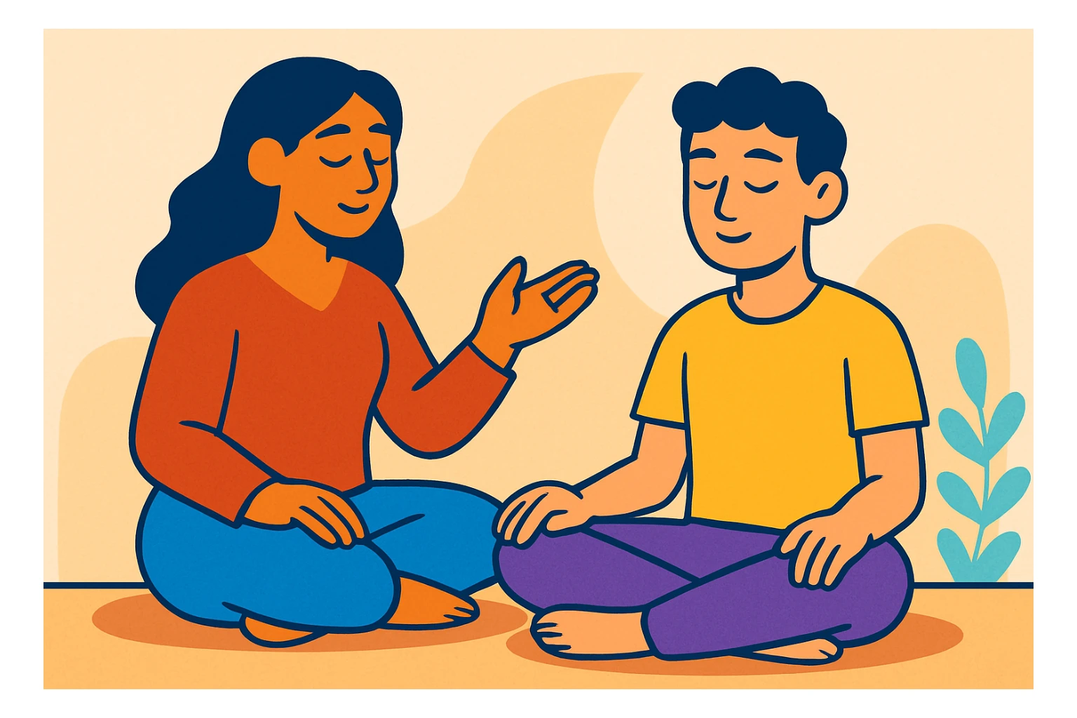one on one guided meditation session, with a coach and a student, peaceful sticker