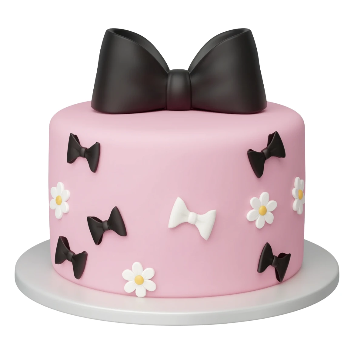 Pastel pink shaped birthday cake with black and white bows and flowers sticker