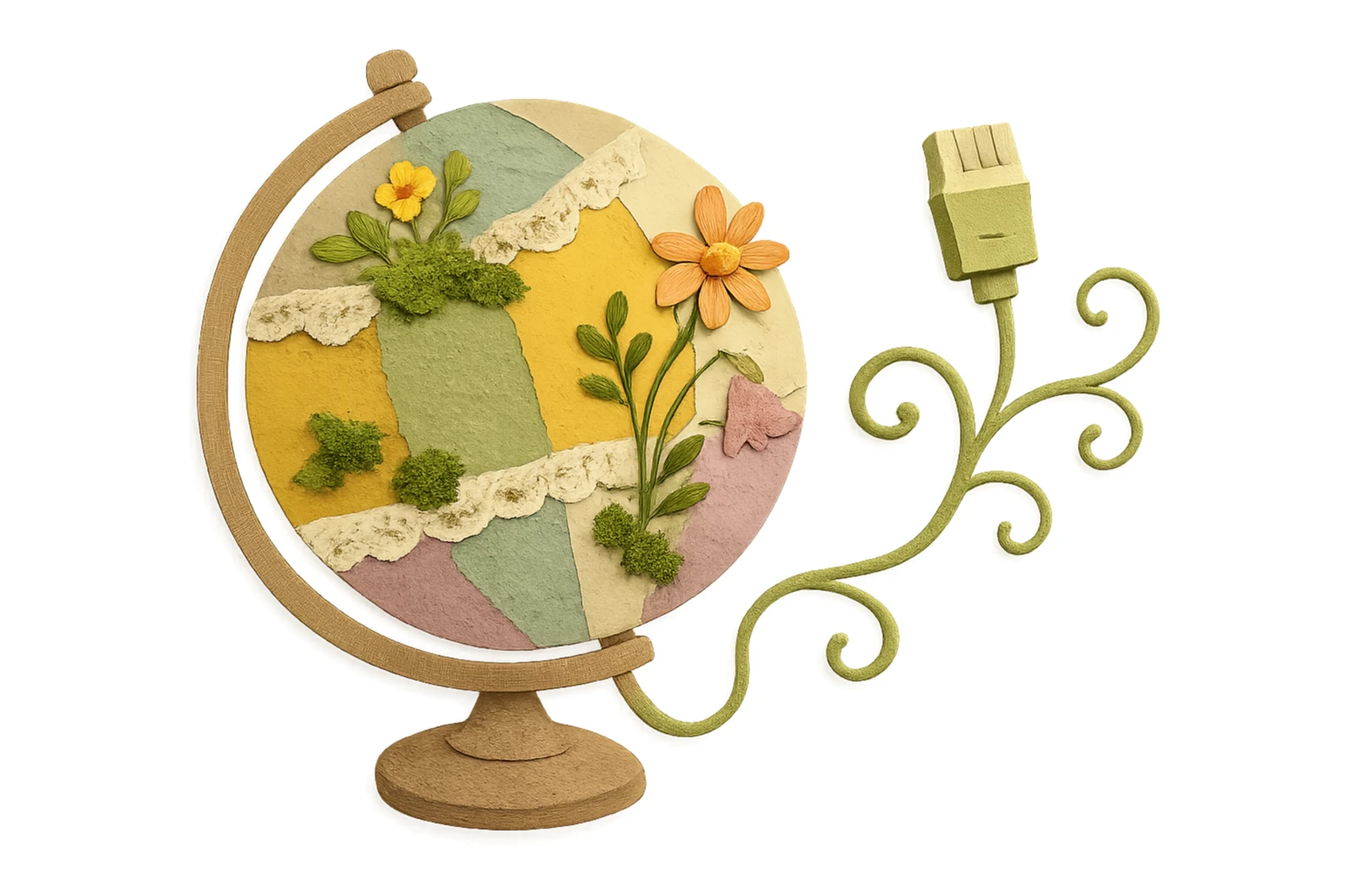whimsical cottagecore globe with ethernet, globe as patchwork of fabric and lace with wildflowers and moss, ethernet cable as curling vine, cozy rustic homey style sticker