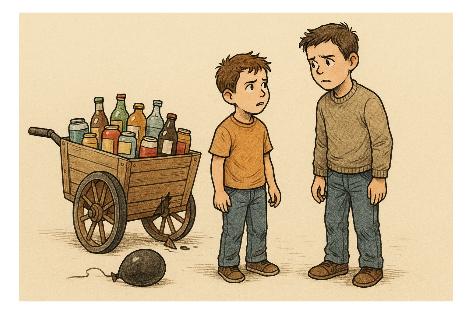 g'ildiragi singan ichimliklar ortilgan arava bir baloni singan uni yonida aka uka havotirli nigoh bilan bir biriga qarab turishibdi sticker