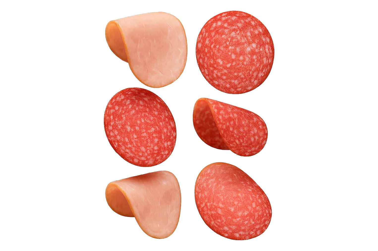 fettine di prosciutto cotto e di salame fluttuano in aria verticalmente, IPERREALISTICA 4K sticker