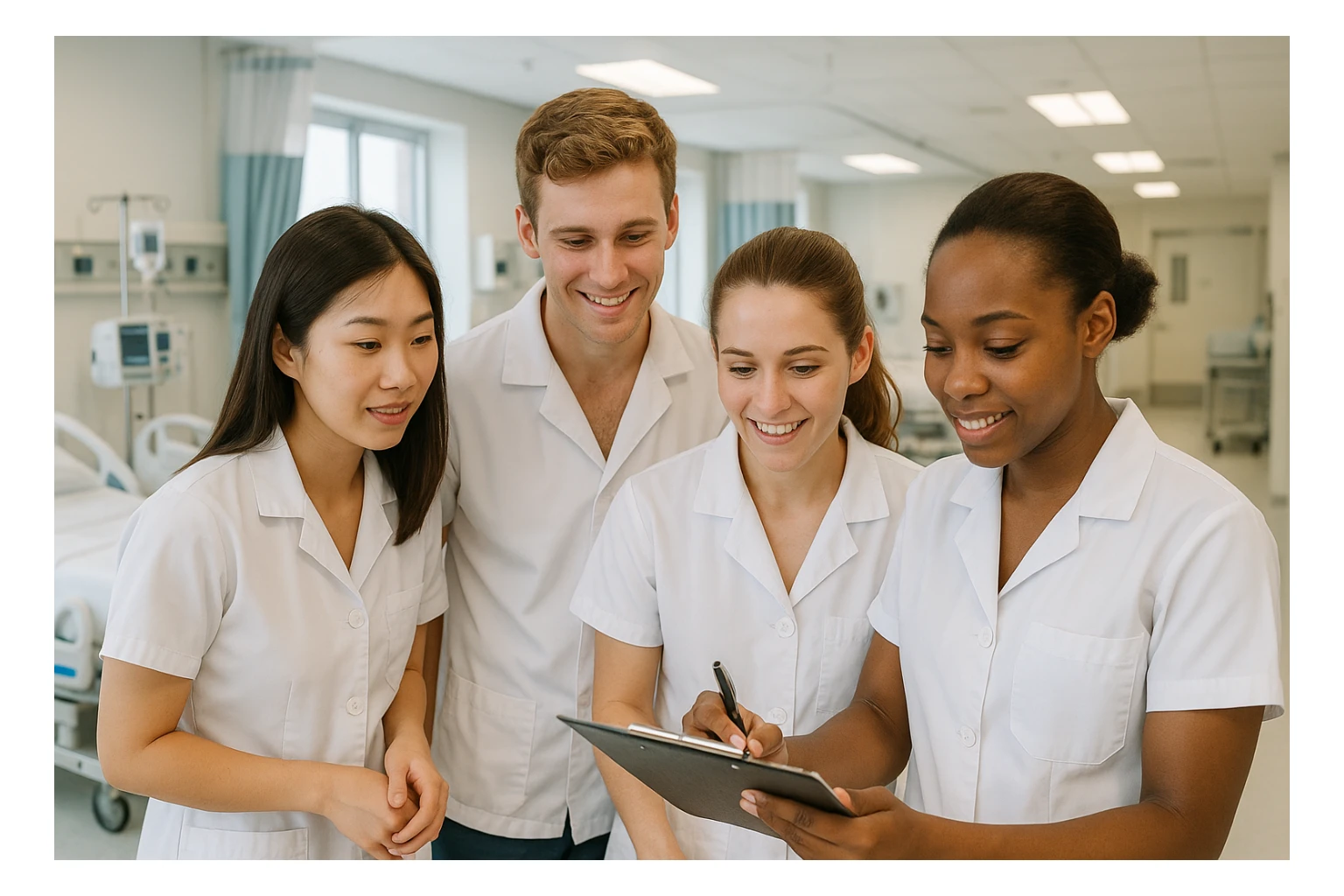 four nursing students working together, wearing short-sleeved white lab coats, no undershirts or stethoscopes, hospital background sticker