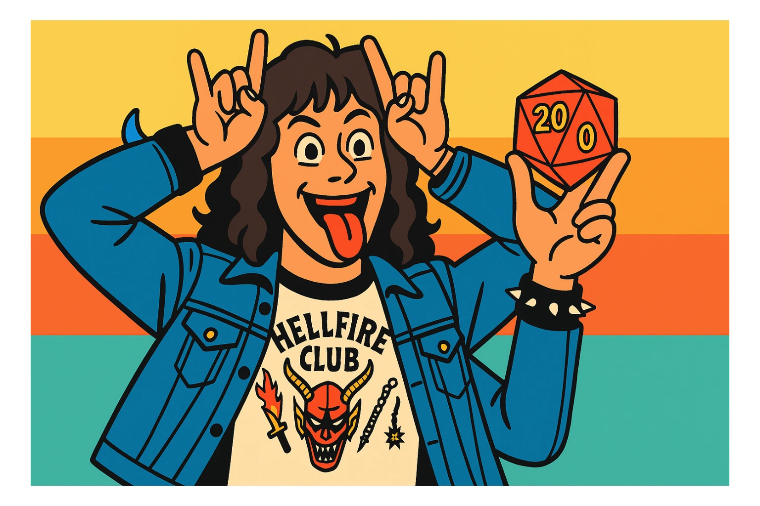 Eddie Munson from Stranger Things in vibrant toon style, wide aspect ratio (16:9), holding a Dungeons & Dragons dice, excited expression, lighter vivid colors and dark outlines. sticker