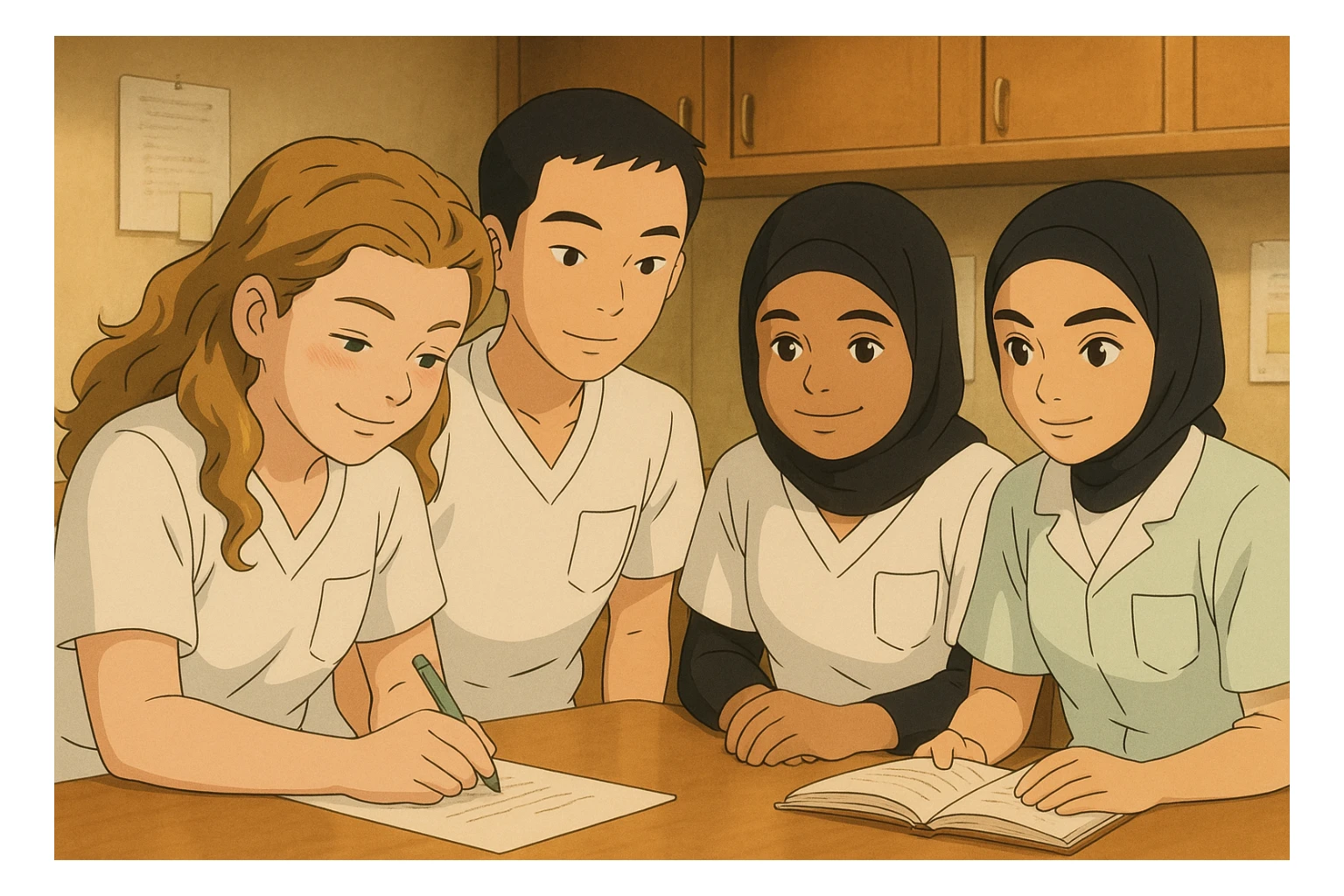 Scène intérieure Ghibli : quatre étudiants infirmiers collaborant, uniformes blancs à manches courtes, col en V, poche poitrine gauche, pas de col ni stéthoscopes, pas de tissus sous les manches. Expressions naturelles, ambiance conviviale, détails fidèles aux photos de référence. sticker