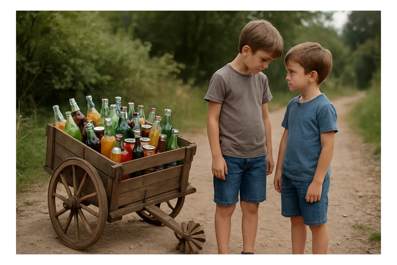 Bir g'ildiragi singan ichimliklar ortilgan arava uning yonida aka uka bir biriga havotirli nigoh bilan qarab turibdi realistik uslubda yuzi ko'rinmasin sticker