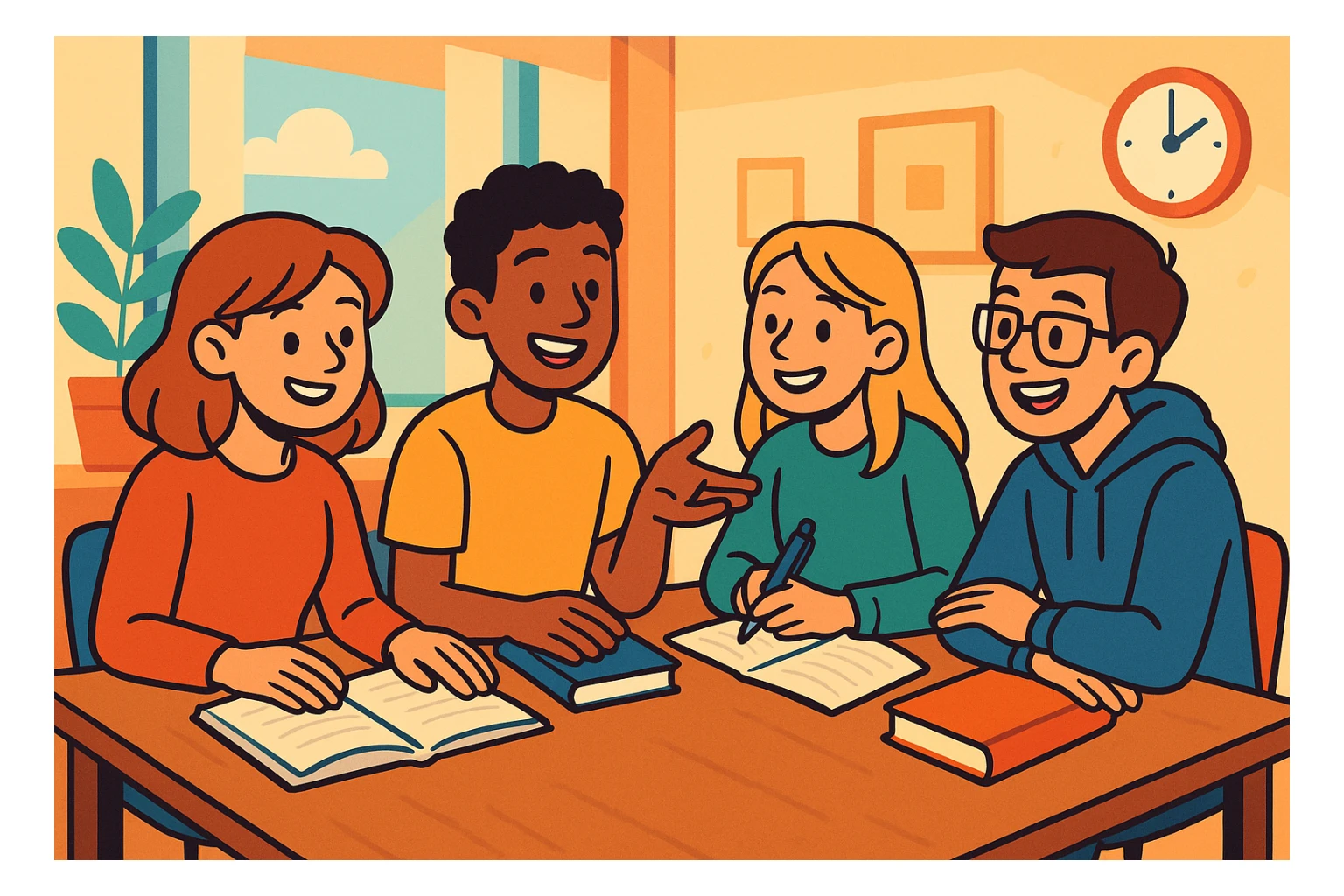 quatre étudiants assis ensemble autour d'une table, en pleine réflexion, discutant et échangeant des idées, ambiance détendue, sourires, fond agréable et lumineux, style illustration moderne, couleurs douces et chaleureuses sticker