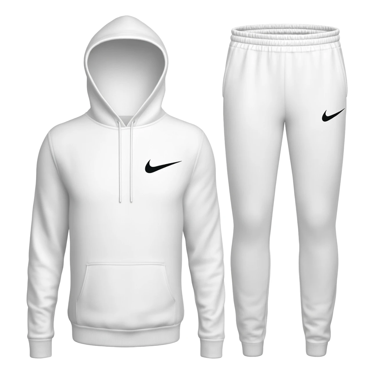 White Nike Tech fleece hoodie and matching joggers only, no model. Clean studio shot, plain white background. Visible swoosh logos, slim fit, zip details. No shoes, no extras. sticker