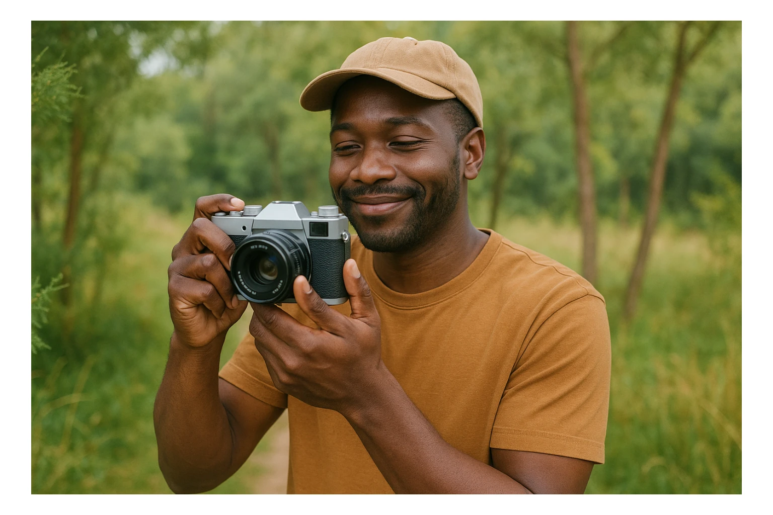 A black man taking a photo with a camera, outdoors, relaxed vibe. sticker