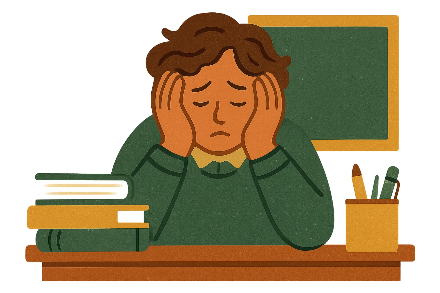 teacher with head in hands, burnt out, modern look, green gold and white color scheme, rounded shapes, simple design sticker