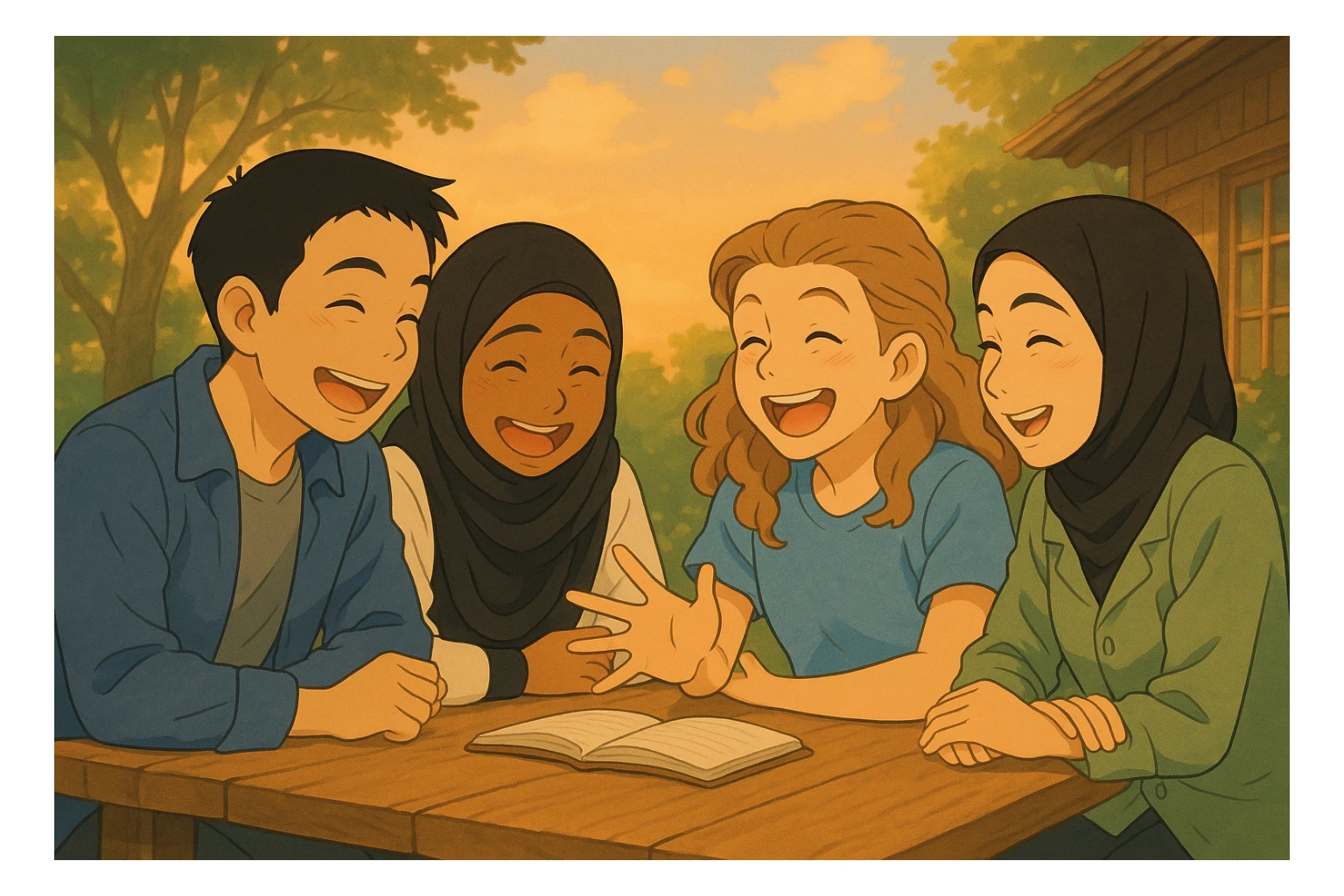 Les personnages rient ensemble dans une ambiance joyeuse, style ghibli, avec un arrière-plan naturel, même composition que l'image de référence. sticker