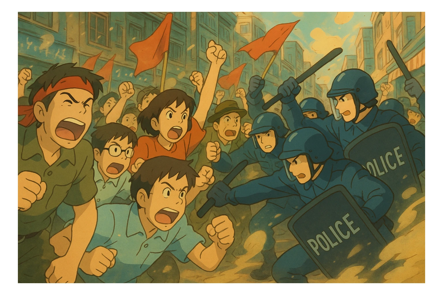 riot, dynamic movement, stylized, ghibli-inspired sticker