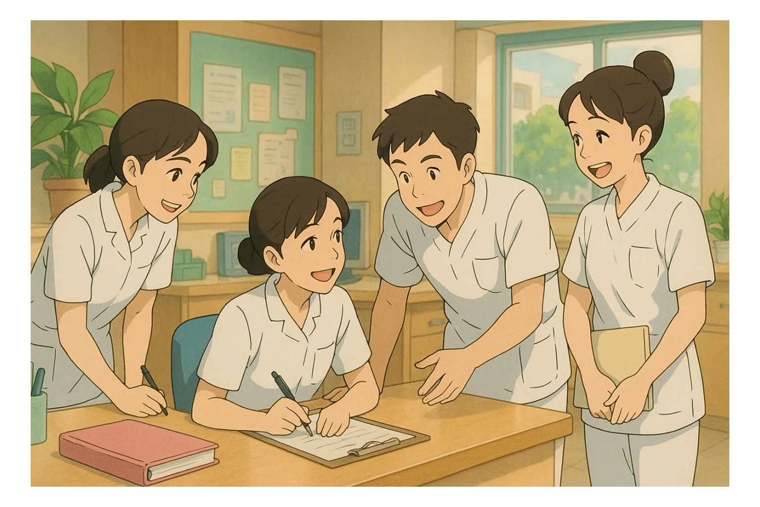 Four nursing students inspired by provided photos, collaborating and interacting warmly in a care station, Ghibli style. White short-sleeve uniforms with V-neck medical tunics, left chest pocket, no classic collar, no stethoscopes, no visible clothing under sleeves. Bright, dynamic scene with a warm team spirit and hospital soft decor. sticker