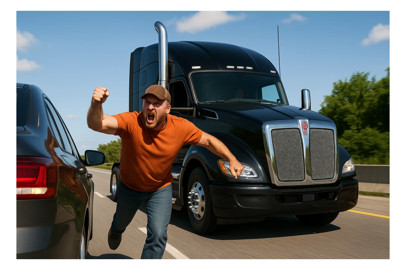 Modern black Kenworth W680 semi sleeper truck with chrome stack, behind a car on the highway. The driver is angry, bald, wearing an orange shirt and a baseball cap, with arm out the window. Energetic and clear scene on the road with both vehicles visible. sticker