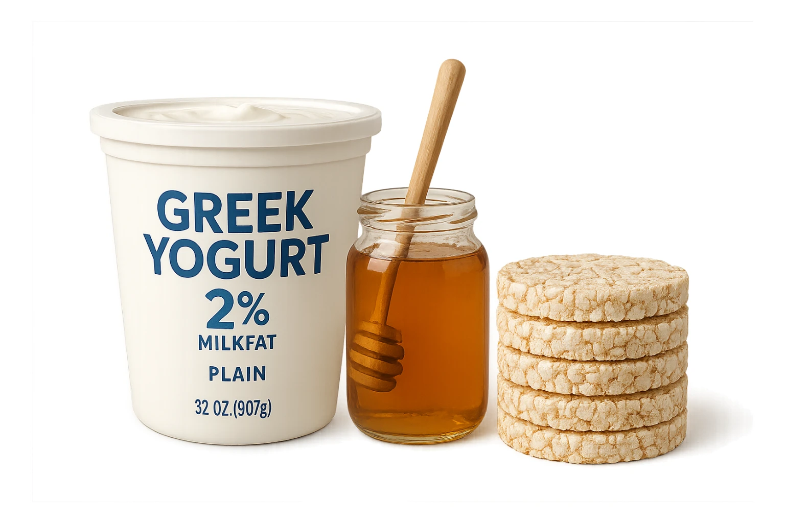 Yogurt Greco 2%
Miele
Gallette di Riso
vista frontale, iperrealistico 4k sticker