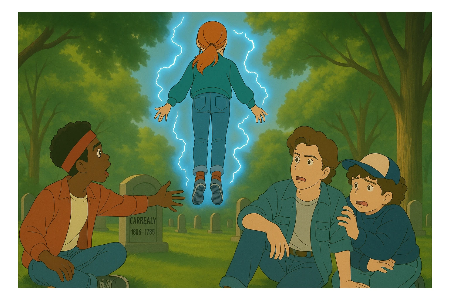 Max from Stranger Things levitating, back view, in front of Lucas, Steve, and Dustin. Lucas is kneeling and stretching his arm toward Max, Steve is looking worried, and Dustin is hiding behind Steve in fear. Render in Ghibli style with wide aspect ratio (16:9), supernatural glowing effects, emotional scene. sticker
