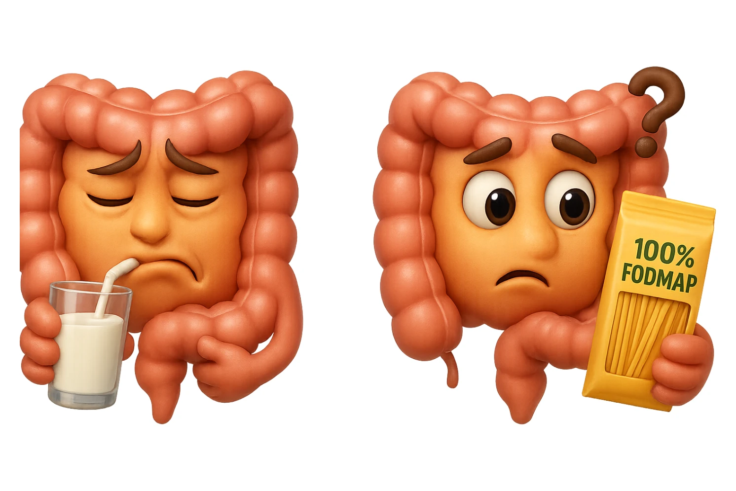 emoji stile iphone di un intestino che beve latte e ha un espressione di dolore e un intestino che guarda un pacco di pasta con la scritta "100% FODMAP" SULL'ETICHETTA CON ESPRESSIONE CONFUSA, iperrealistico 4k, isolato su sfondo bianco sticker