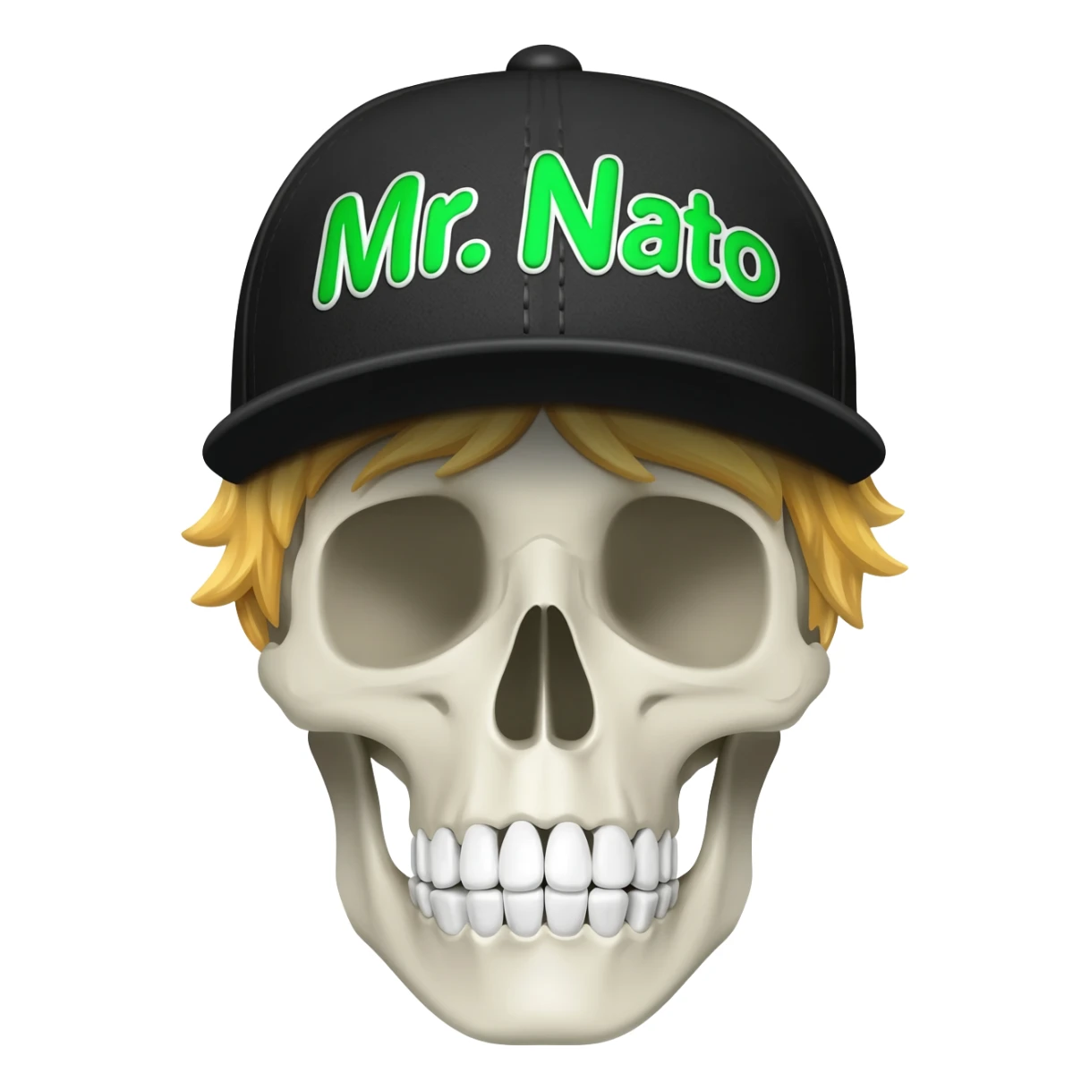 Create a skeleton head wearing a black baseball cap that says " Mr. Nato " in green, and white lettering, with blonde hair sticker