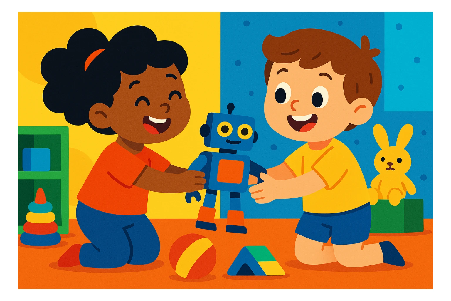 a child sharing toys with another child, etiquette theme, vibrant toon style sticker