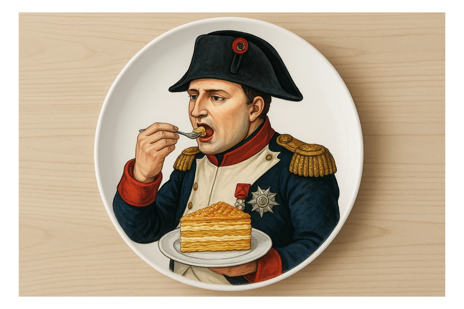 Вид сверху. Круглая белая тарелка полностью помещается в кадр, края не обрезаны. На тарелке — реалистичная иллюстрация: Наполеон Бонапарт в парадной форме аккуратно кладёт себе в рот кусочек торта «Наполеон». Сам торт выглядит аппетитно и аккуратно: ровные слои теста и крема, чистые края, красивая подача. sticker