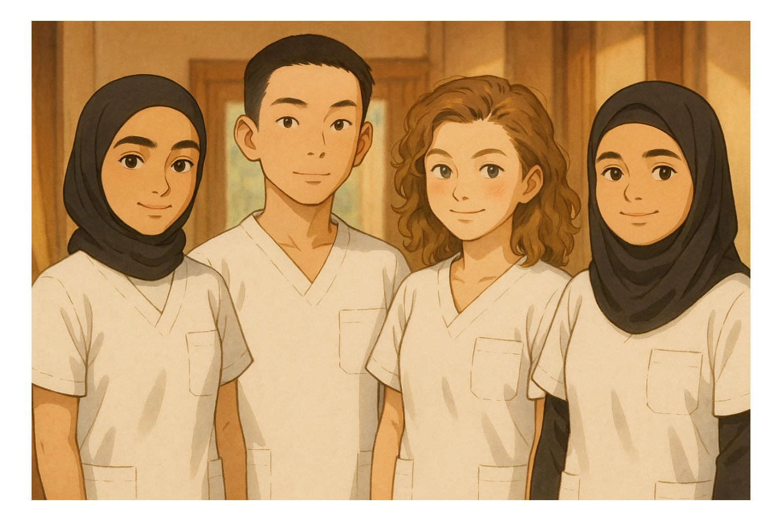 Four nursing students standing side by side in a warm indoor ambiance, wearing white short-sleeved uniform tops without collars or undershirts, forearms bare, no stethoscopes. The tops are medical tunics with V-necks and a chest pocket on the left side, in Ghibli style. sticker