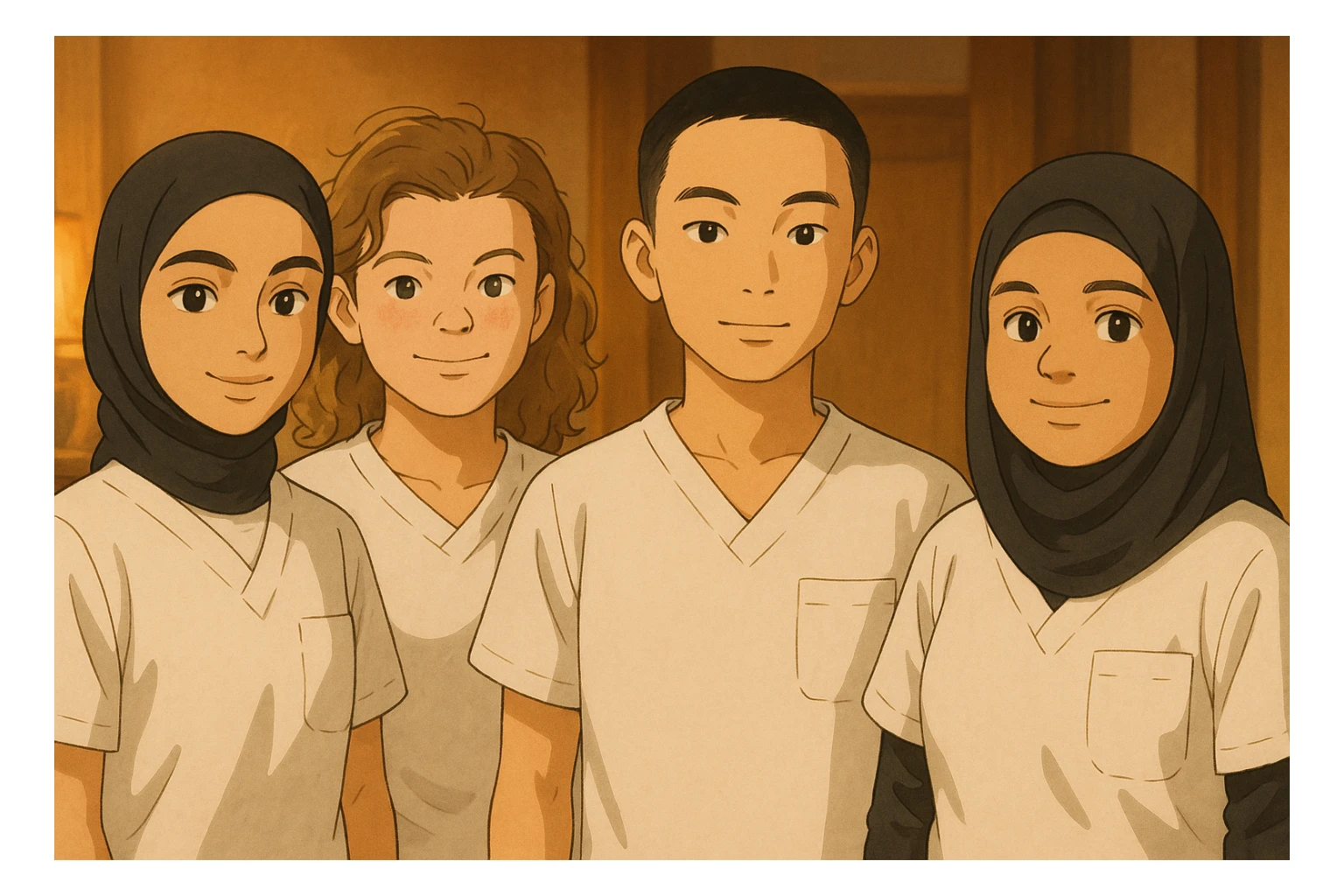 Four nursing students standing side by side in a warm indoor ambiance, wearing white short-sleeved uniform tops without collars or undershirts, forearms bare, no stethoscopes. The tops are medical tunics with V-necks and a chest pocket on the left side, in Ghibli style. sticker