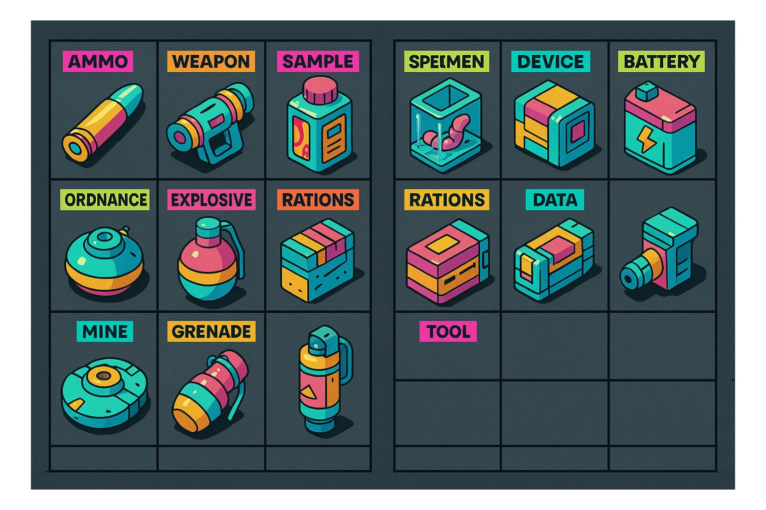 a virtual display, a gray grid with darker gray cells, each cell containing an item viewed in isometric minimalism render The cells have pastel neon colored labels in their upper corner, indicating various traits of the items. retrofuturism, circa 2880's.
The items are scientific and military in nature - varieties of munitions, scientific samples, rations, data storage, utilities. There are two arrays of grids, one left, one right. Each array has a few empty spaces at the bottom. "graphic realism." brutalism. the items are adorned in bright colors, neon-safety, early 90's pallete sticker