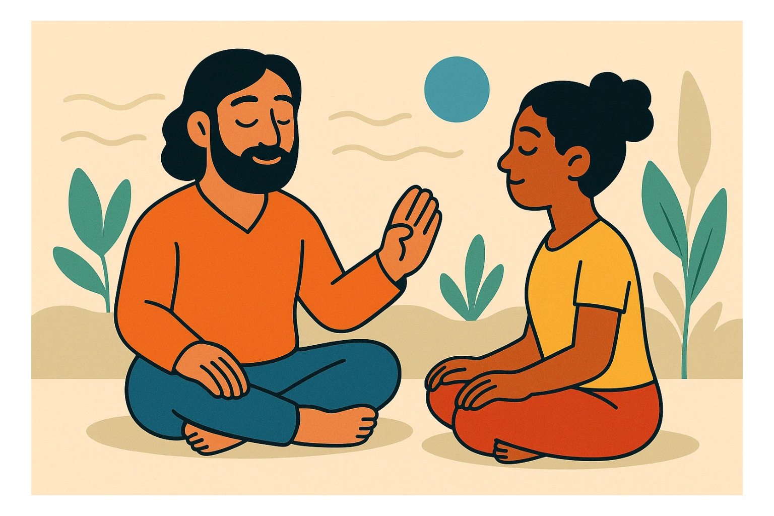 one on one guided meditation session, with a coach and a student, peaceful sticker
