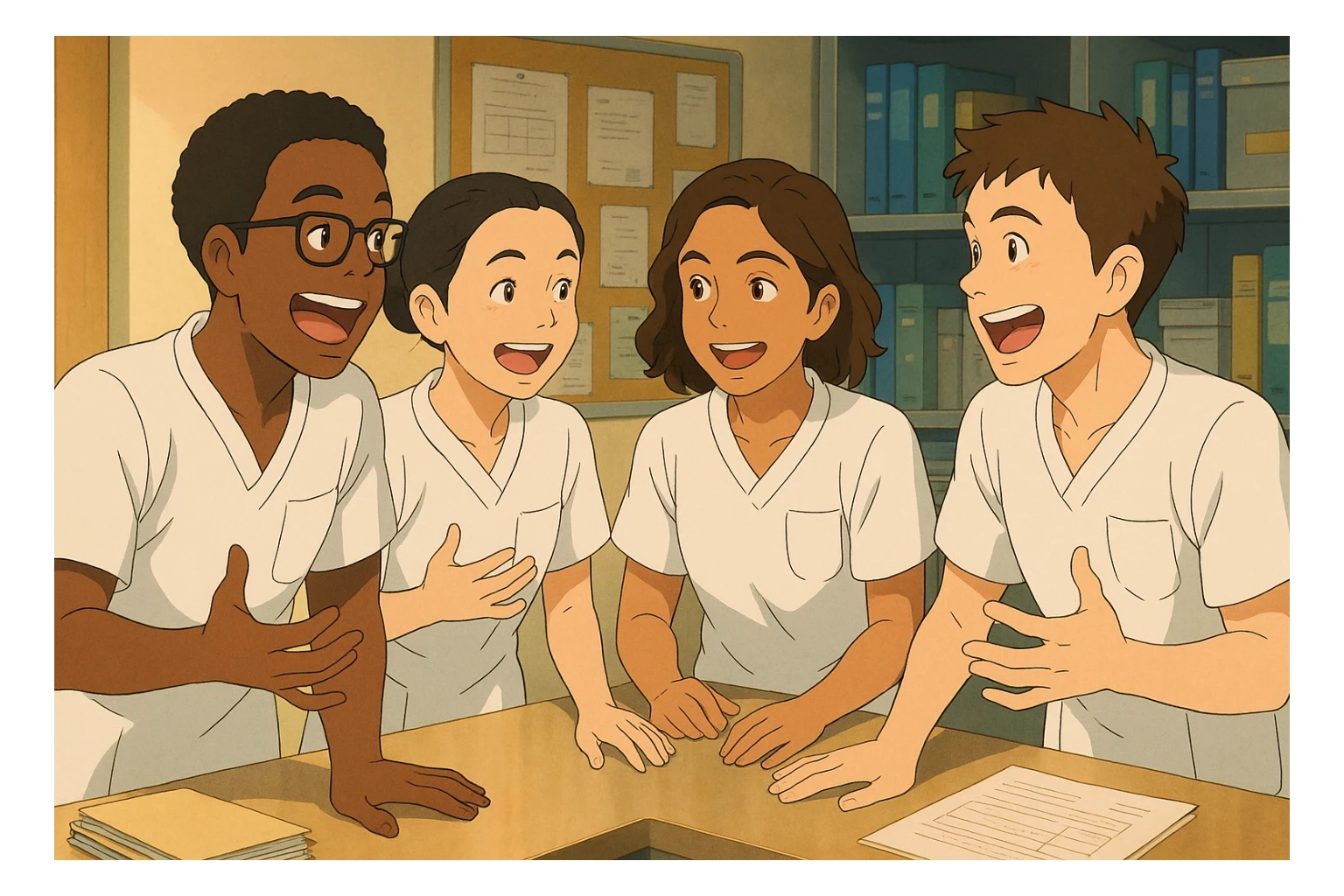 Four nursing students inspired by four provided faces, lively discussion in a care station, wearing short-sleeved white medical tunics with V-neck and left chest pocket, no stethoscopes or clothing beyond sleeves, dynamic teamwork scene, Ghibli style, reference four attached faces for likeness sticker