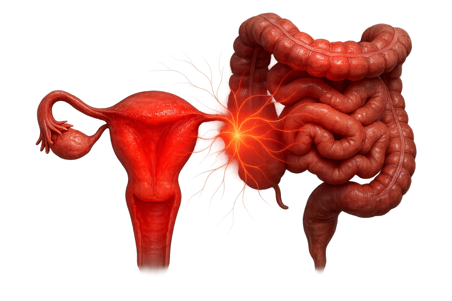 utero umano anatomico iperrealistico e intestino umano anatomico iperrealistico hanno in comune il dolore e l'infiammazione, rendi bene il collegamento tra i due organi doloranti, falla iperrealistica, non disegnata sticker